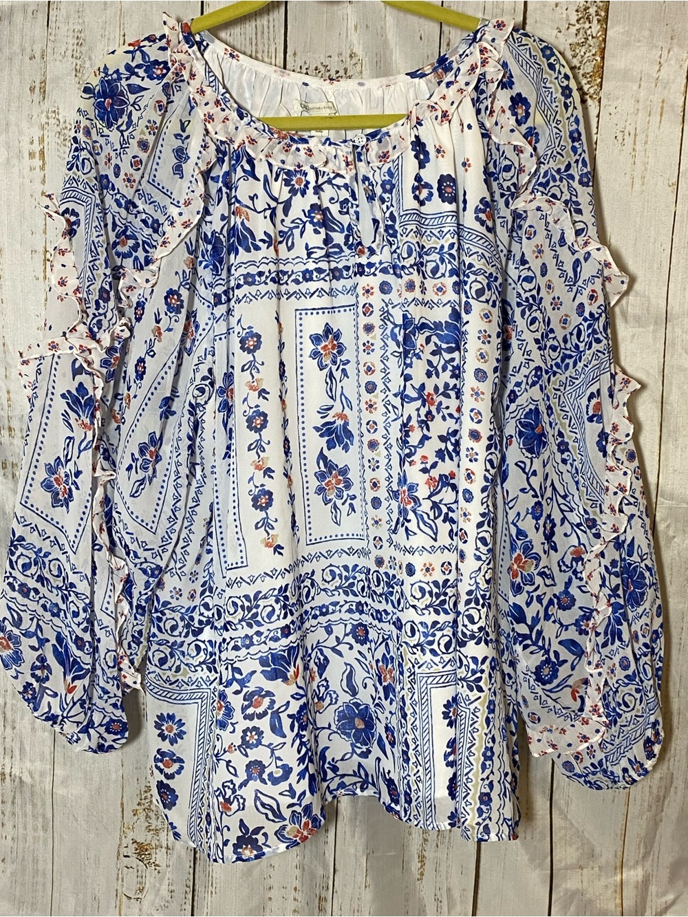 Cato Blue and White Floral Peasant Tunic with Orange Accents